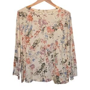 J Jill Top Womens Size Large White Floral Print Cotton Modal Blend Boat Neck